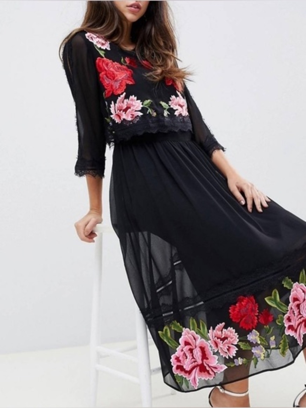 ASOS | Dresses | Asos Black Floral Embroidery With Lace And Mesh Dress